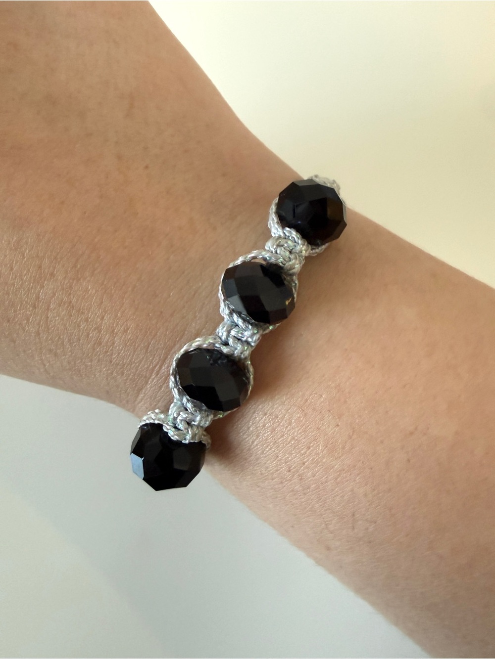 Beaded Macrame Bracelet with Black Faceted Beads